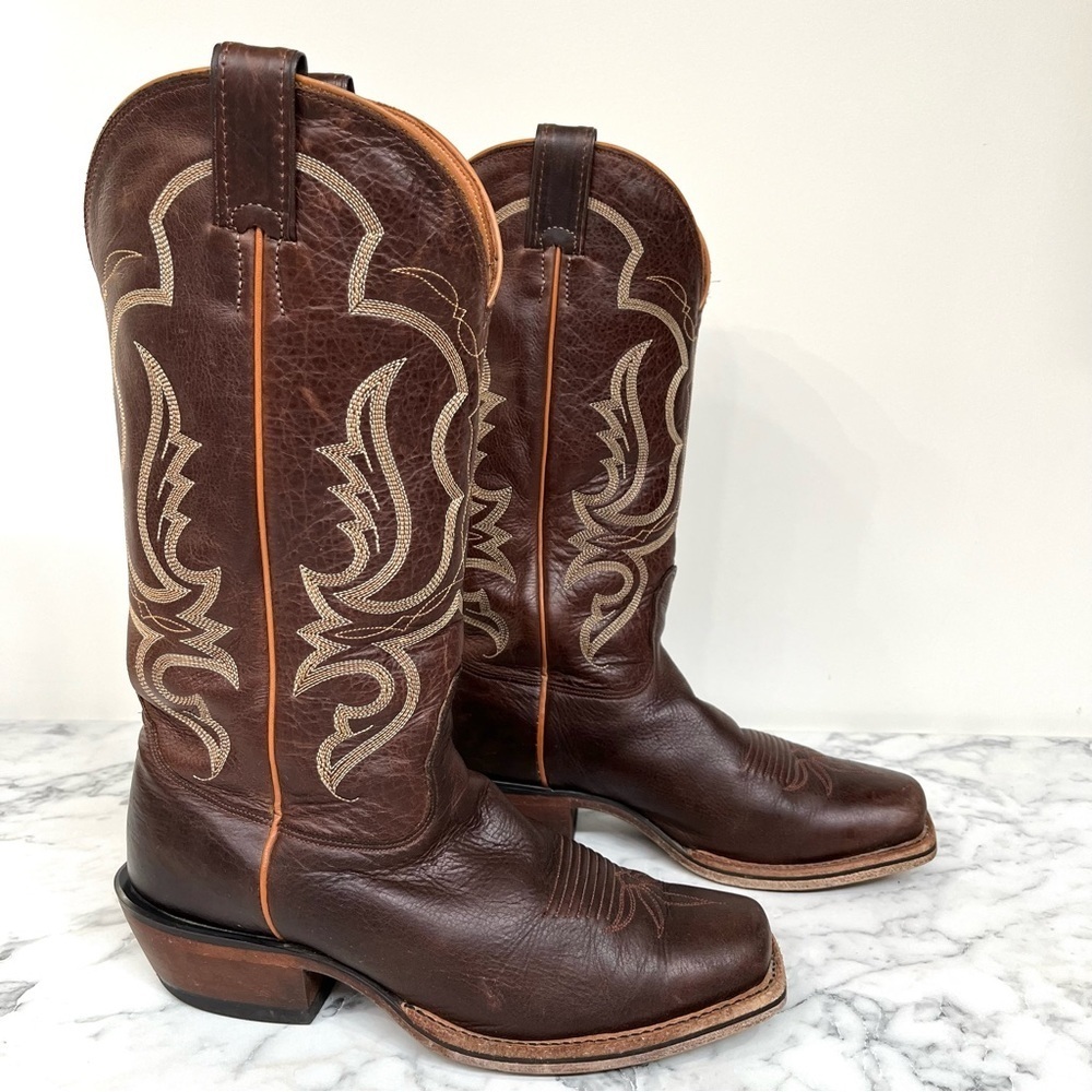 Nocona menβs brown leather western cowboy boots square toe orange piping size 9B